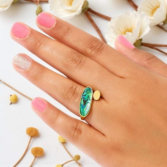 ๐๏ธ Boho Chic Adjustable Ring Abalone Shell 18K Gold Plated S925 Sterling Silver - Picture 9 of 14